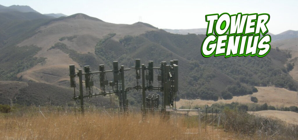 Picture of mountaintop cell site in Morro Bay California with Tower Genius logo. What are cell phone tower rents picture of mountaintop cell sites.