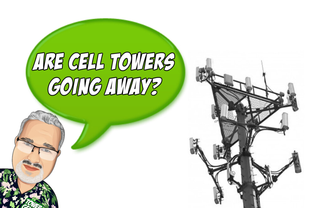 Cartoon-like photo of Steve from Tower Genius asking if cell towers are going away, standing next to a cell tower.