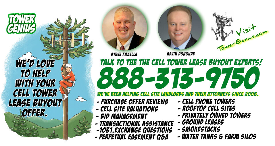 Cell Tower Lease Buyout Assistance. Tower Genius poster with phone number 888-313-9750, and a painting of a cell tower technician hugging a cell tower pine tree monopole.