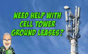 Photo of a cartoon character os Steve Kazella from Tower Genius LLC with a cell tower image and a banner that says "Need help with your cell tower ground leases?"