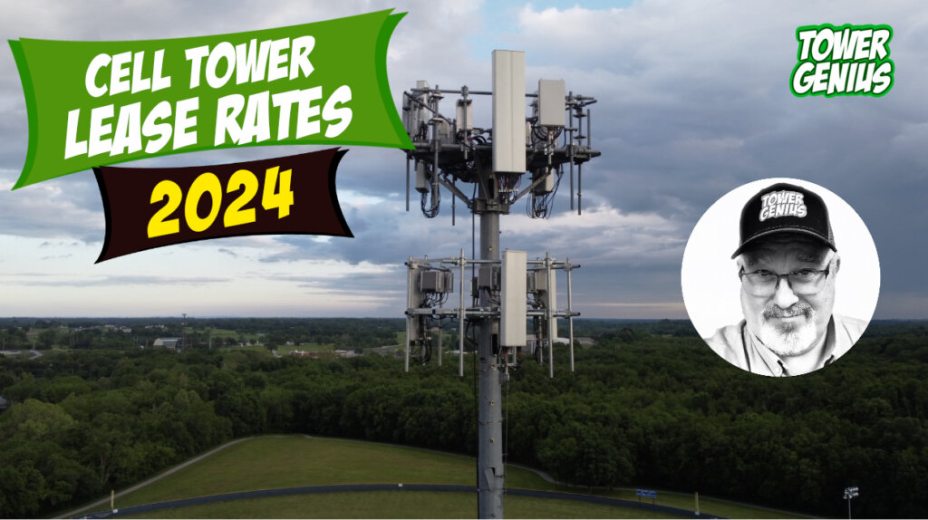 Image with Tower Genius logo, a cell tower and wording about cell tower lease rates in 2024