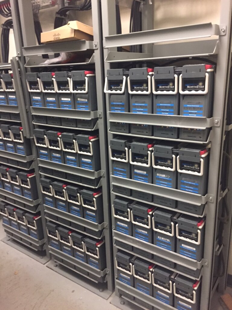 Cell Site battery bank in cell tower cell site shelter or telco room.