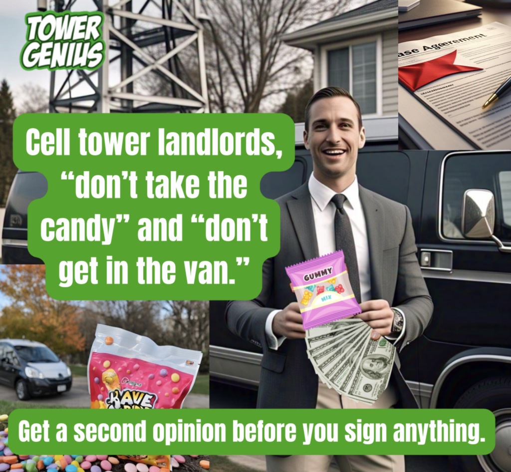 AI generated image of man in business suit, with a bag of candy in one hand and a handful of cash in the other hand, standing in from of a black van, parked by a cell tower, and a lease agreement with a red flag. Tower Genius logo. warning to cell tower landlords.