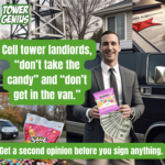 AI generated image of man in business suit, with a bag of candy in one hand and a handful of cash in the other hand, standing in from of a black van, parked by a cell tower, and a lease agreement with a red flag. Tower Genius logo. warning to cell tower landlords.