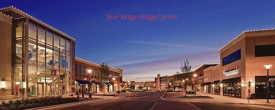 Dusk shot of Burr Ridge IL shopping area