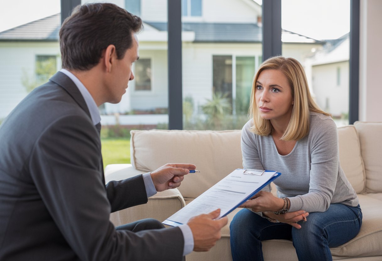 A real estate agent and homeowner discussing documents inside a living room with a house visible outside the window.