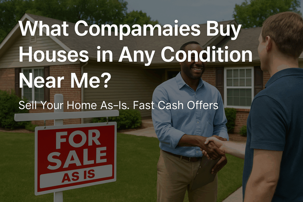 Two men shaking hands in front of a suburban house with a red 'For Sale As Is' sign, representing a fast cash home sale by companies that buy houses in any condition near me.