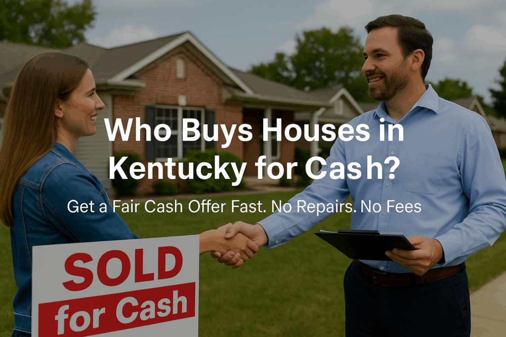 Real estate investor and homeowner shaking hands in front of a red brick Kentucky house with a 'SOLD for Cash' sign, symbolizing a successful cash home sale in Kentucky.
