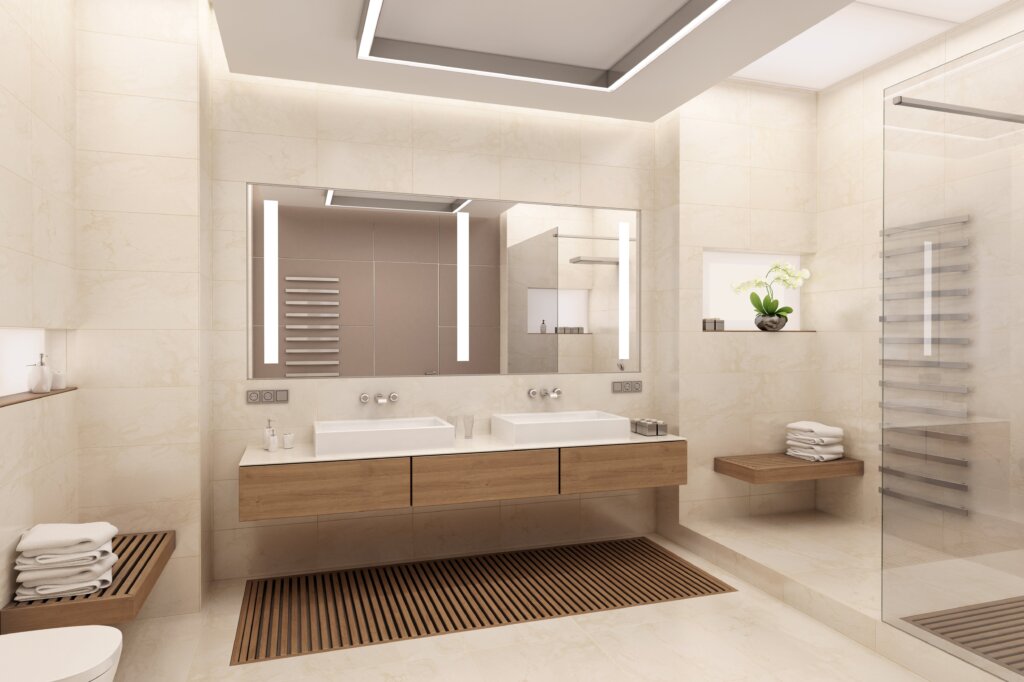 Winnipeg bathroom renovations with two sinks and a shower with some white towels