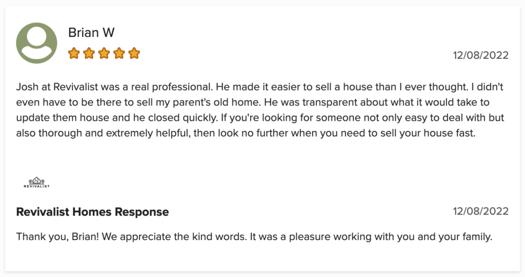 Photo of five star better business bureau testimonial from Franklin Kentucky home seller.