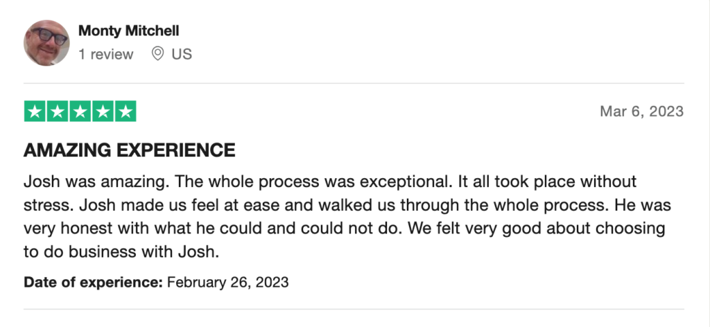 Five star review testimonial screenshot from TrustPilot.