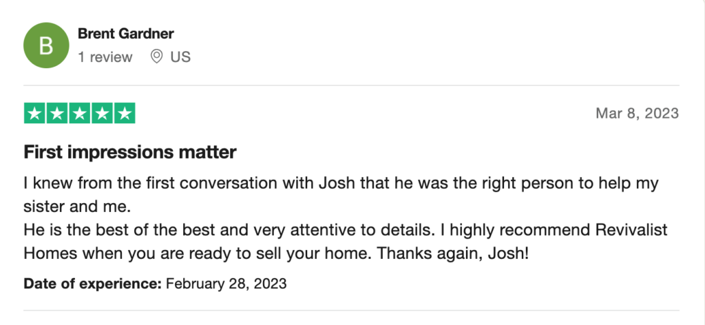 Five star review testimonial screenshot from TrustPilot.