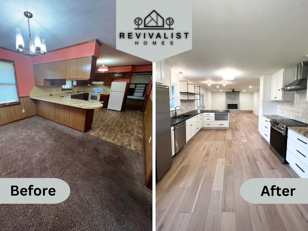 Before and after of a house bought for cash in Kentucky by Revivalist Homes.