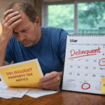 Seller behind on property taxes reviewing tax bill