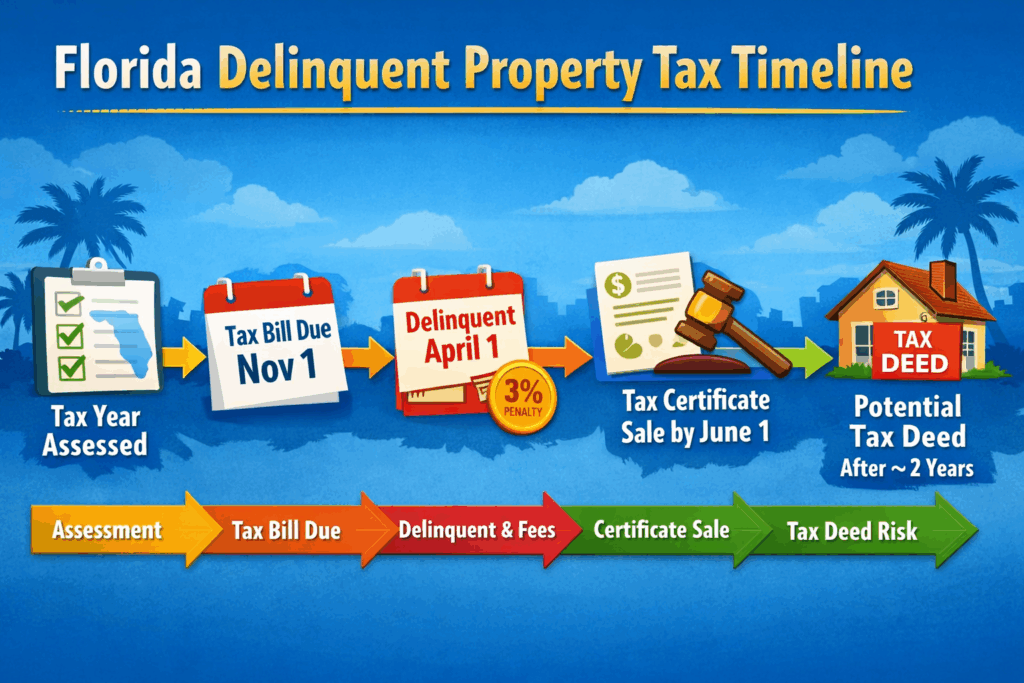 Florida delinquent property tax timeline showing tax bill due November 1, delinquent April 1, tax certificate sale by June 1, and potential tax deed after two years