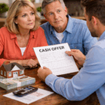 Pensacola homeowners reviewing cash offer purchase agreement with local home buyer