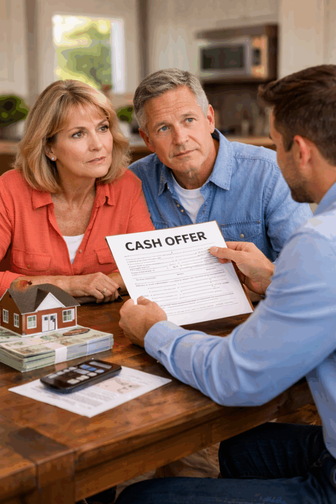Pensacola homeowners reviewing cash offer purchase agreement with local home buyer at kitchen table
