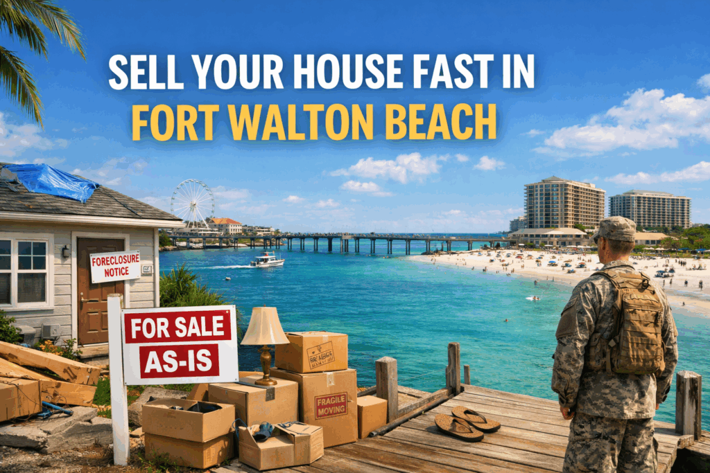 homeowner standing next to foreclosure house that wants to sell fast