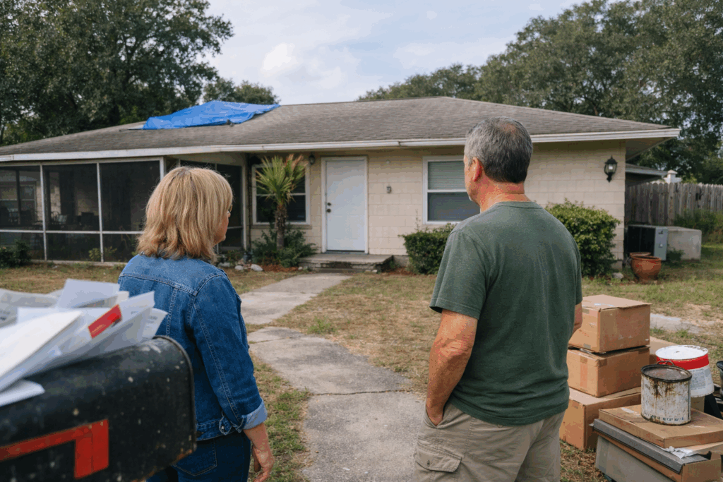 house with tarp on roof and boxes outside