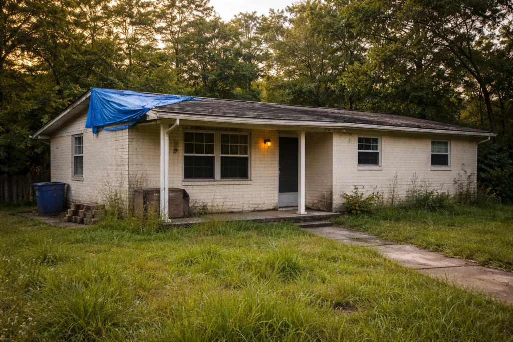 1960s concrete block home in slight disrepair with a small blue tarp on the left side of the roof and slightly overgrown grass in the front yard.