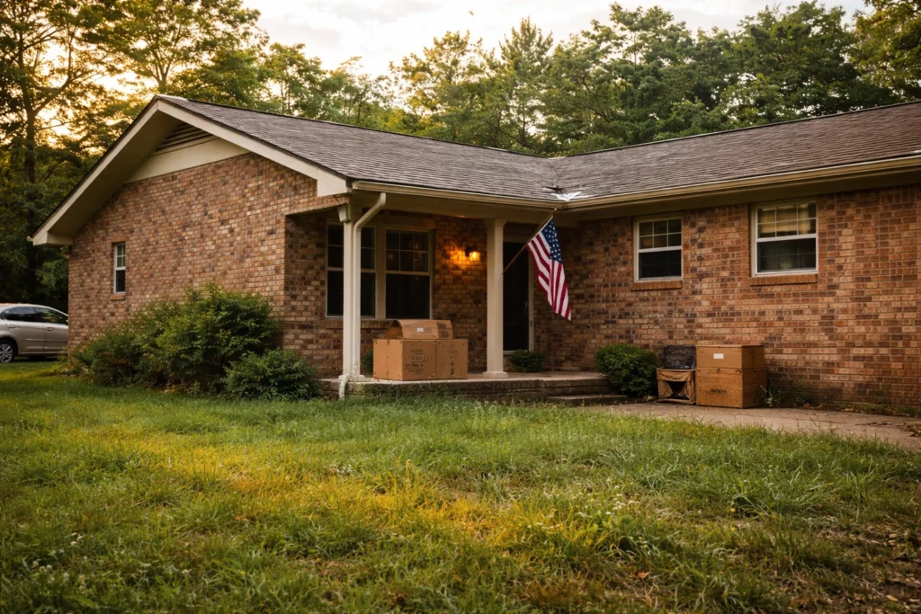 Brick home at sunset with a few packed boxes on the front porch, reflecting the quiet, emotional process of clearing out an inherited house.