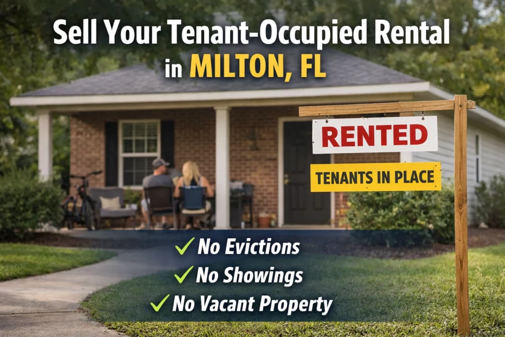 Front view of a single-story Milton, Florida rental home with tenants sitting on the porch, a rented sign in the yard, and text highlighting tenant-in-place home sale options without evictions or showings.