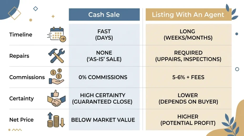 Comparison of selling to a cash buyer versus listing with an agent in Florida