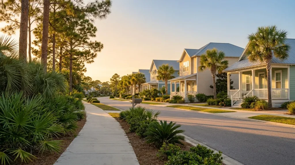 Residential street near Panama City Beach in the Florida Panhandle at golden hour