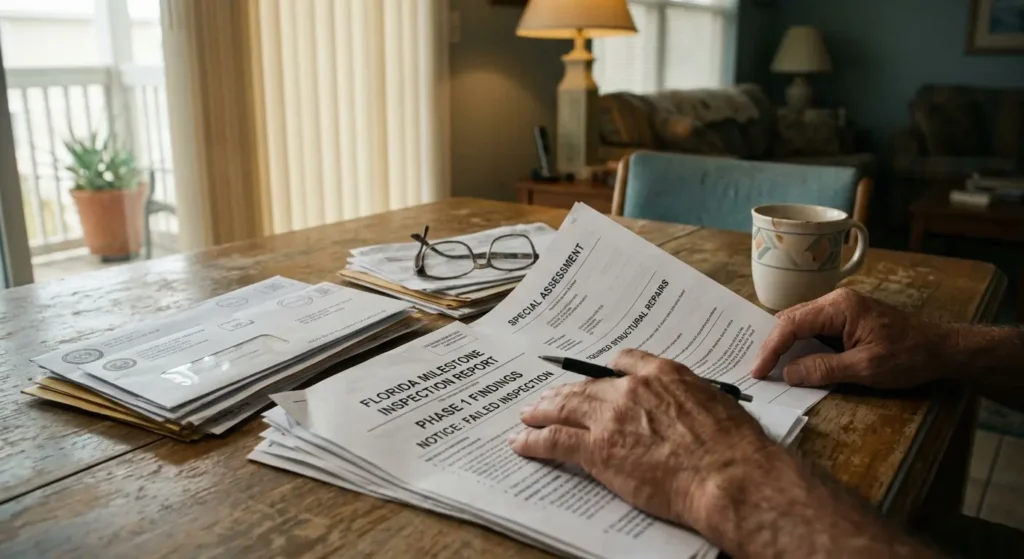 Homeowner reviewing paperwork related to condo failed milestone inspection Florida in Panama City Beach, Florida
