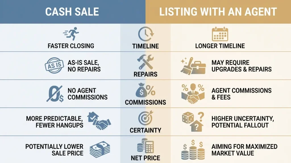 Comparison of selling to a cash buyer versus listing with an agent in Florida