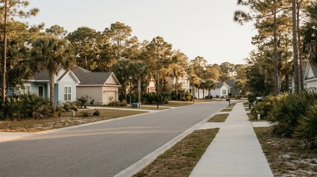 Residential street near Panama City in the Florida Panhandle at golden hour