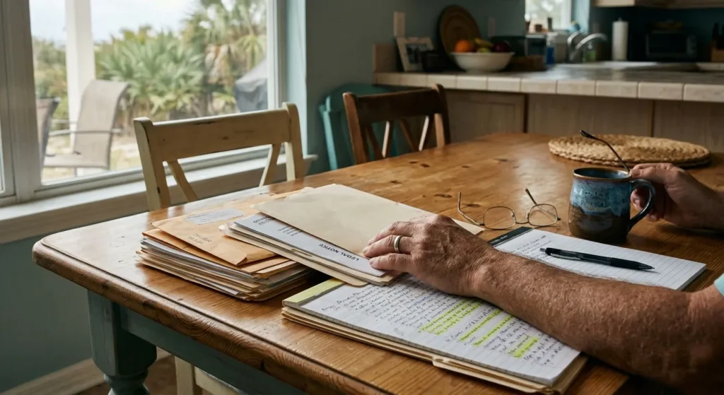Homeowner reviewing paperwork related to can an HOA foreclose on my house in Florida in Panama City, Florida