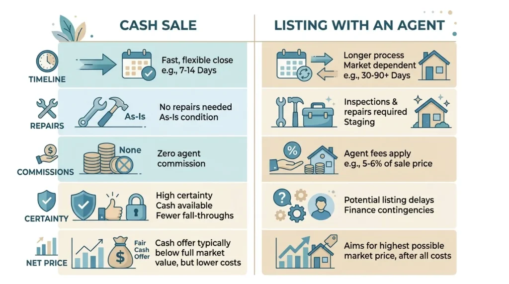 Comparison of selling to a cash buyer versus listing with an agent in Florida