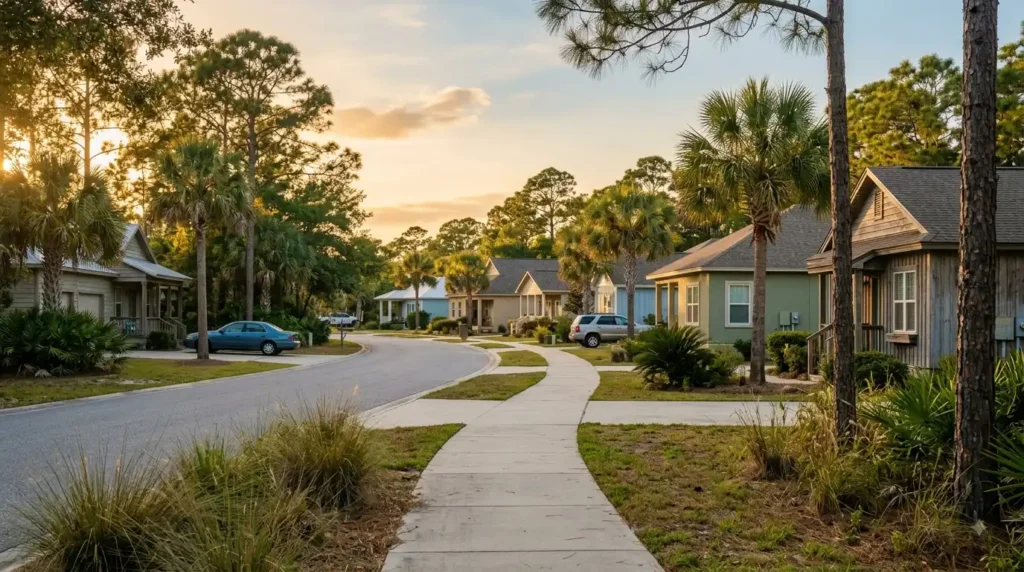 Residential street near Panama City Beach in the Florida Panhandle at golden hour