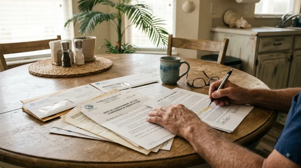 Homeowner reviewing paperwork related to sell condo with special assessment Florida in Panama City Beach, Florida