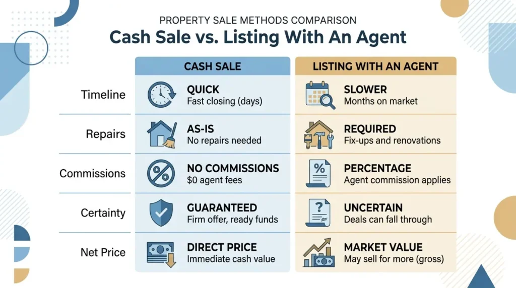 Comparison of selling to a cash buyer versus listing with an agent in Florida