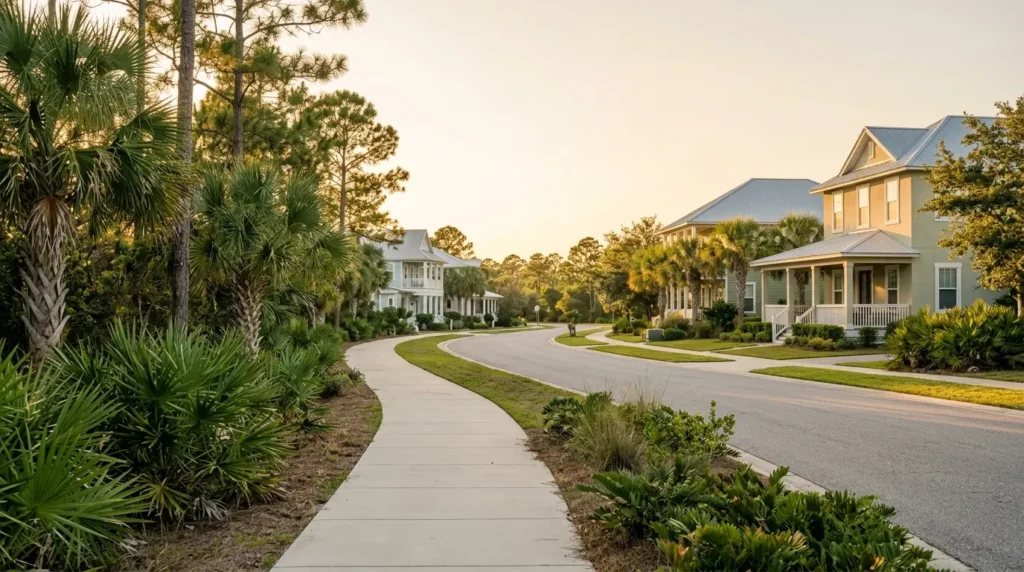 Residential street near Panama City Beach in the Florida Panhandle at golden hour