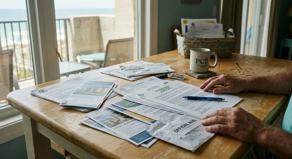 Homeowner reviewing paperwork related to sell Panama City Beach condo as-is in Panama City Beach, Florida