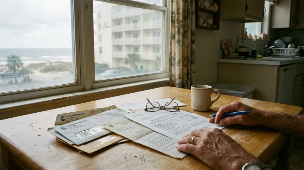 Homeowner reviewing paperwork related to can't afford condo special assessment Florida in Panama City Beach, Florida