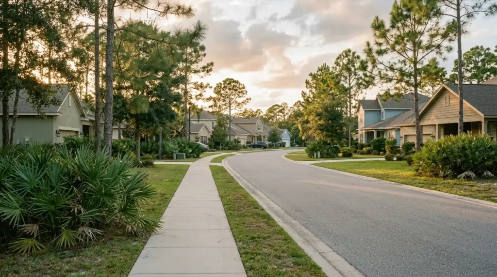 Residential street near Panama City in the Florida Panhandle at golden hour