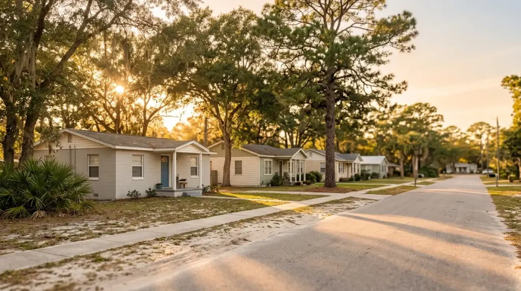 Residential street near Panama City in the Florida Panhandle at golden hour