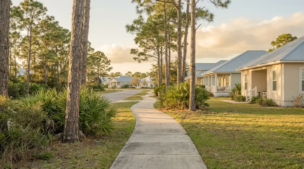 Residential street near Panama City in the Florida Panhandle at golden hour