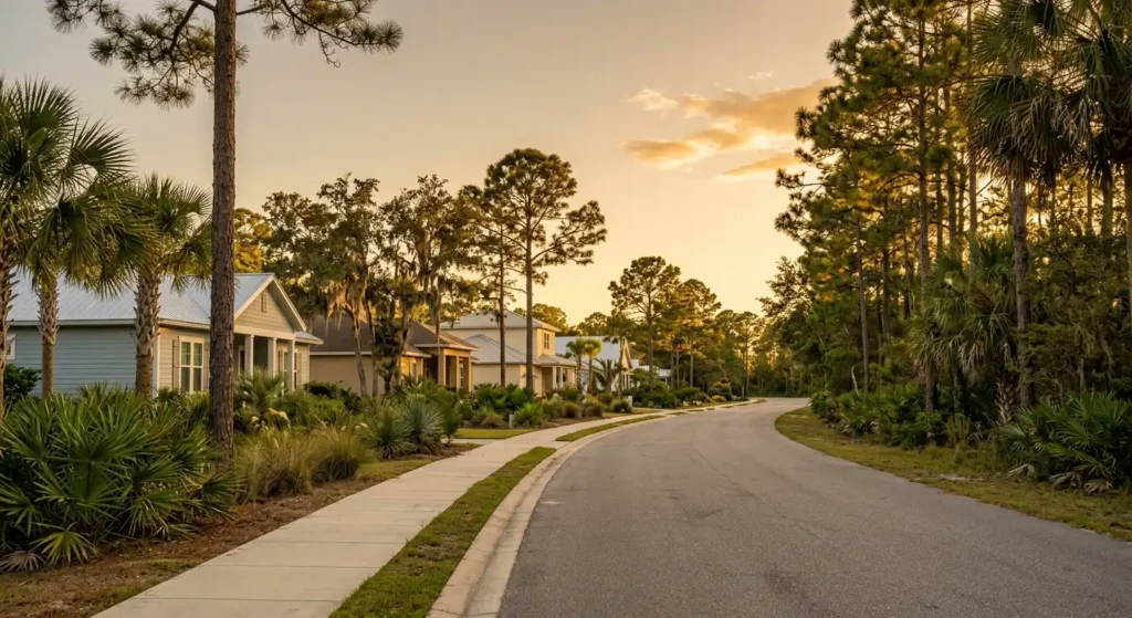 Residential street near Pensacola in the Florida Panhandle at golden hour