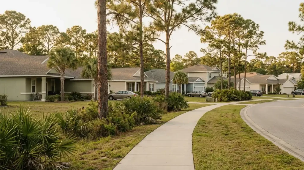 Residential street near Fort Walton Beach in the Florida Panhandle at golden hour