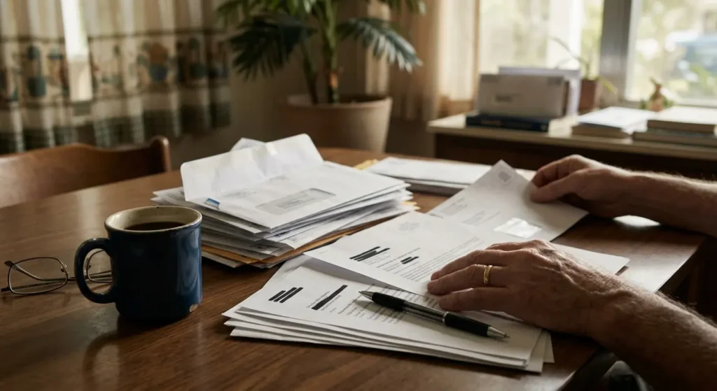 Homeowner reviewing paperwork related to roof age Florida insurance sell house in Fort Walton Beach, Florida
