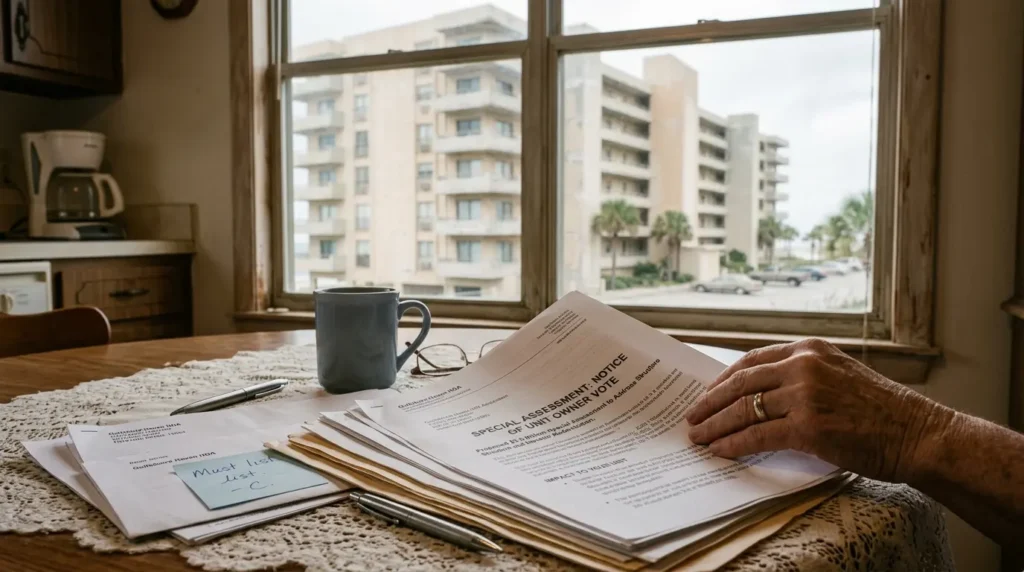 Homeowner reviewing paperwork related to sell Destin condo after special assessment in Destin, Florida
