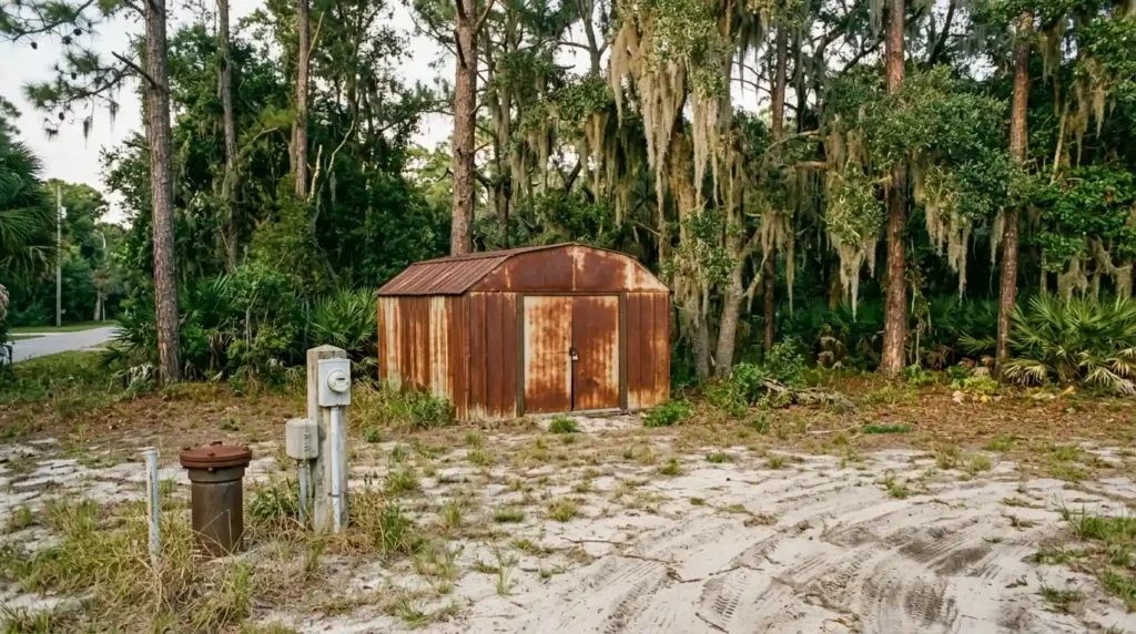 Storage shed and utility hookups on a cleared lot in the Florida Panhandle