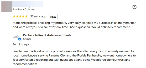Five-star Google review from a Southport land seller for Panhandle Real Estate Investments