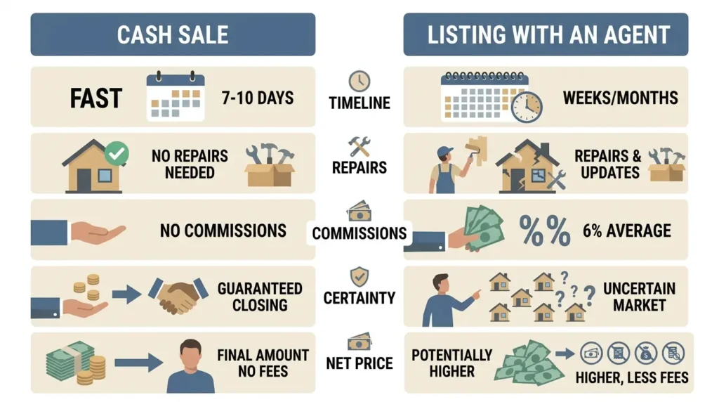 Comparison of selling to a cash buyer versus listing with an agent in Florida