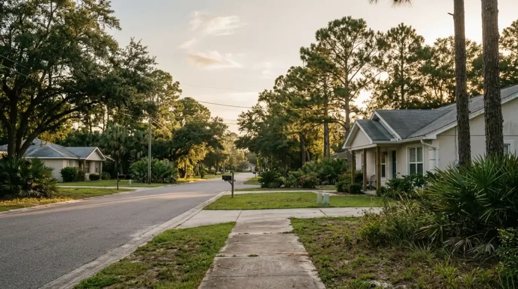 Residential street near Milton in the Florida Panhandle at golden hour